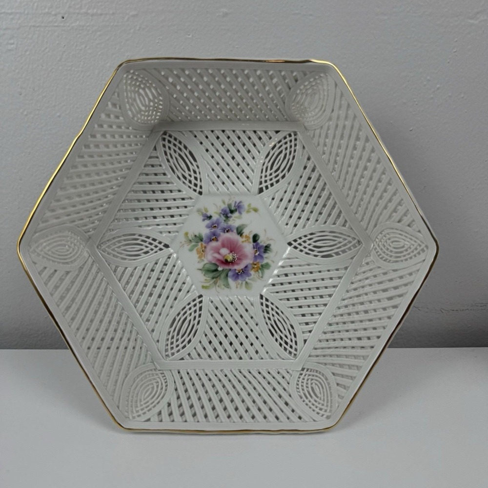 Vtg Russ Collection Lattice Porcelain Bowl‎ Floral Gold Trim Vanity Dish